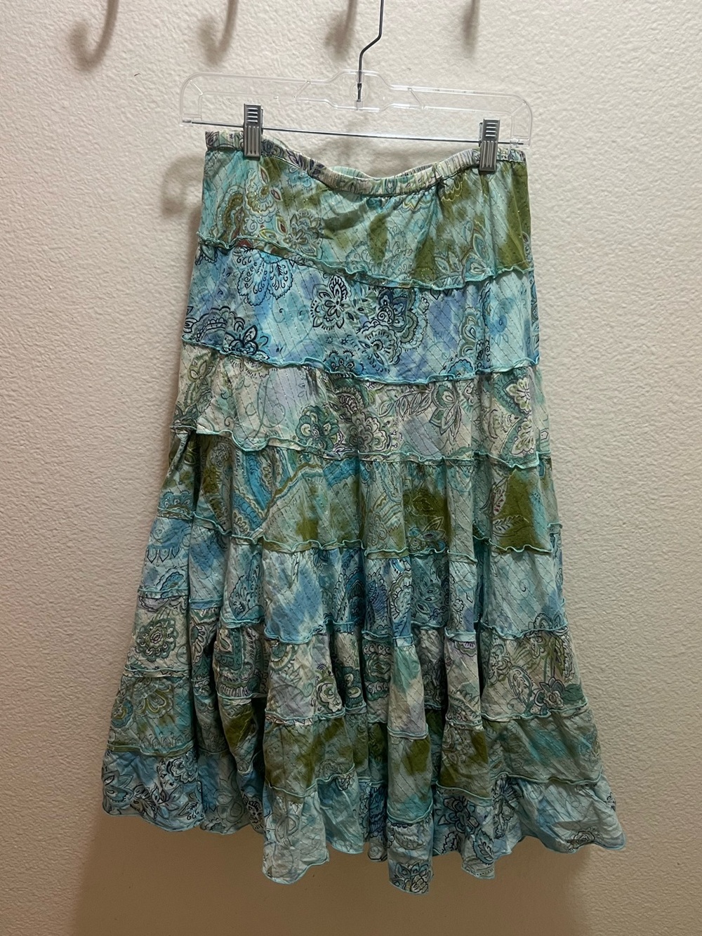 Bila Boho Vintage Blue-Green Tiered Patchwork Skirt Organic Cotton Size M